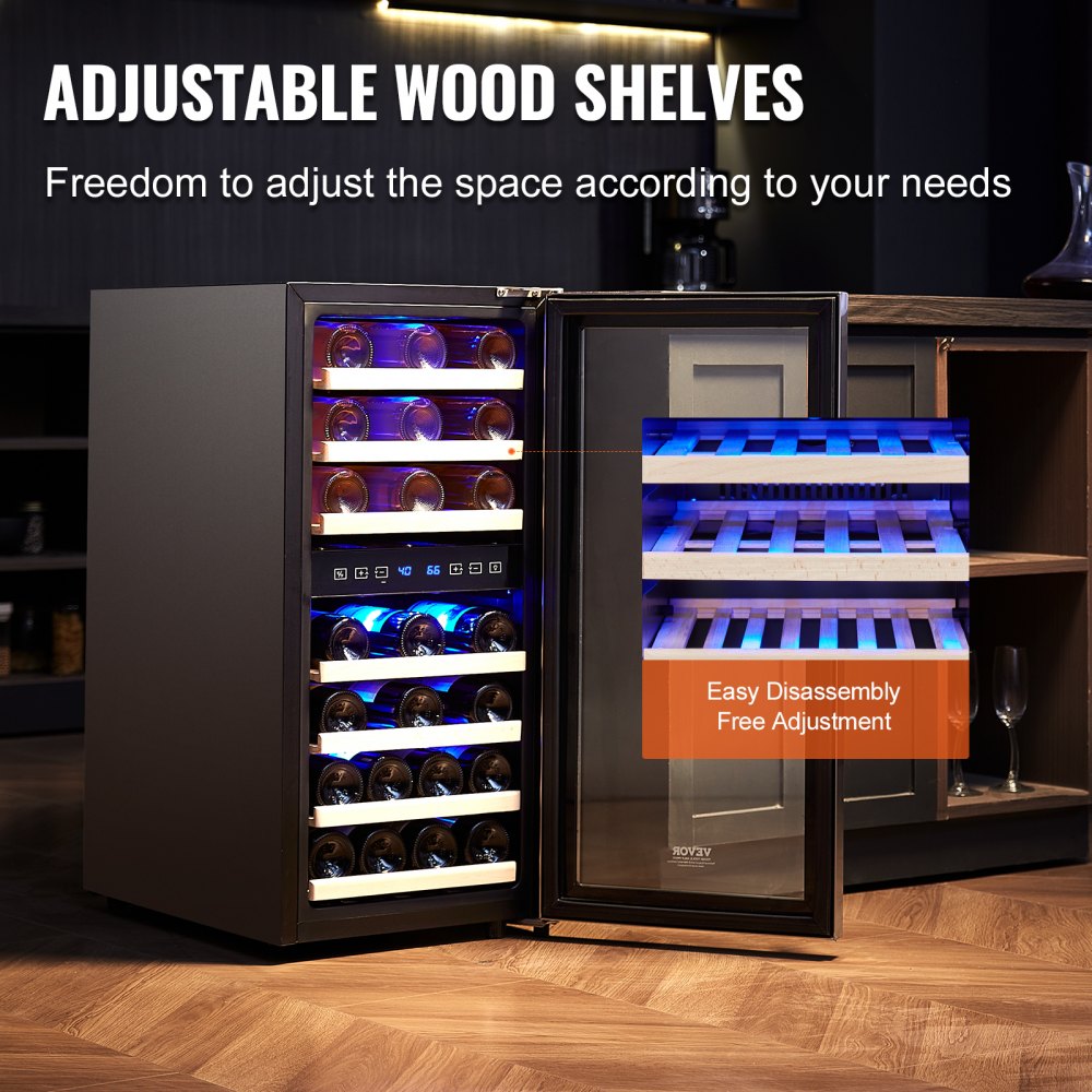 VEVOR 33-Bottle Wine Cooler, Dual Zone & Dual Temperature Wine Fridge, Freestanding Refrigerator with Circulating Air-cooling and Digital Control, Tempered Glass Door with UV Protection, for Home Bar