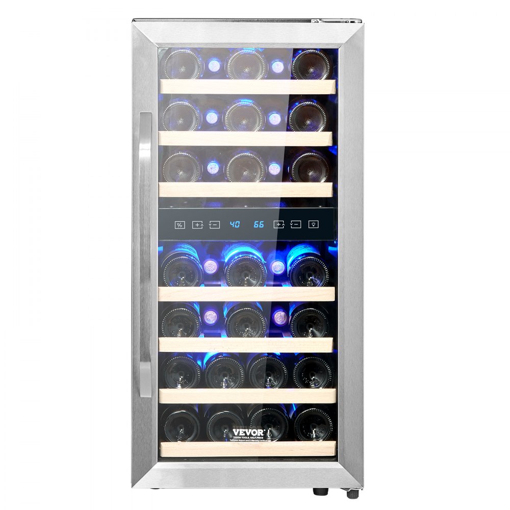 VEVOR 33-Bottle Wine Cooler, Dual Zone & Dual Temperature Wine Fridge, Freestanding Refrigerator with Circulating Air-cooling and Digital Control, Tempered Glass Door with UV Protection, for Home Bar