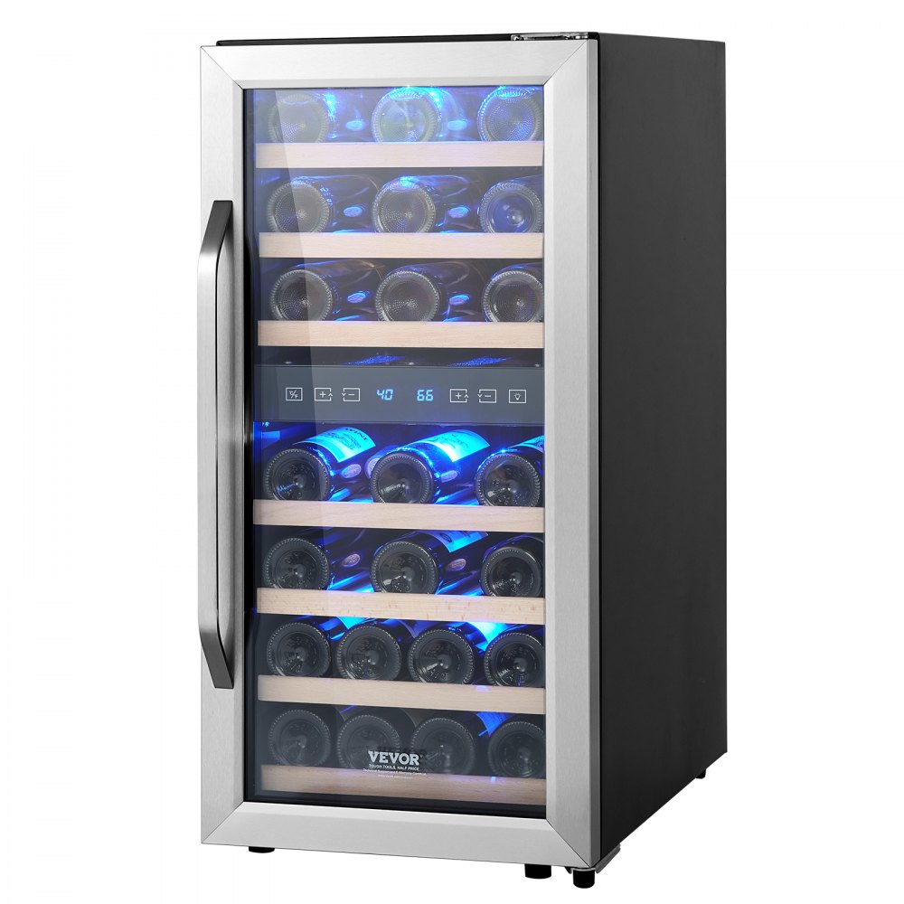 VEVOR 33-Bottle Wine Cooler, Dual Zone & Dual Temperature Wine Fridge, Freestanding Refrigerator with Circulating Air-cooling and Digital Control, Tempered Glass Door with UV Protection, for Home Bar