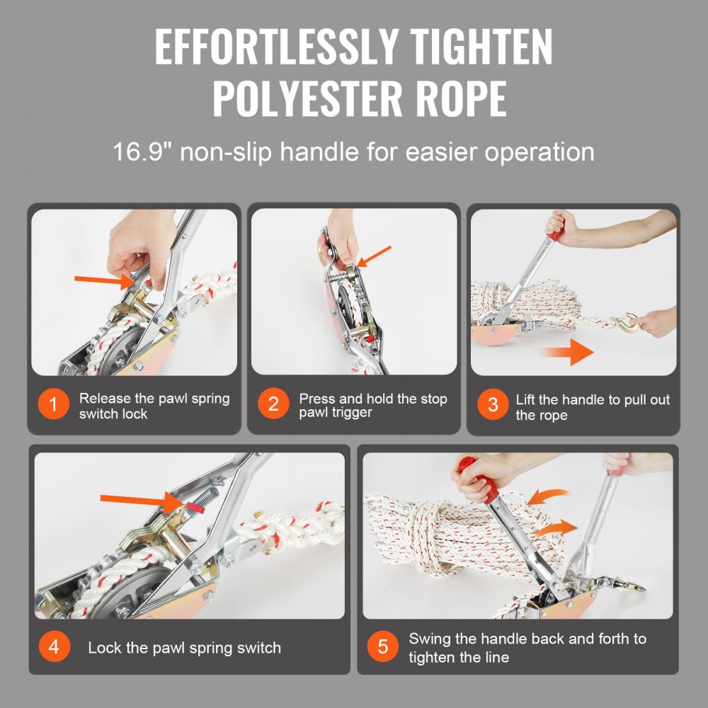 how to use the VEVOR rope puller to tighten polyester rope with a 16.9&quot; non-slip handle in five steps.