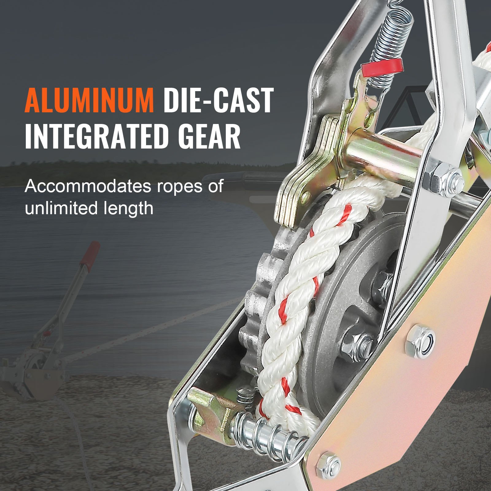VEVOR rope puller with aluminum die-cast integrated gear for unlimited rope length usage.
