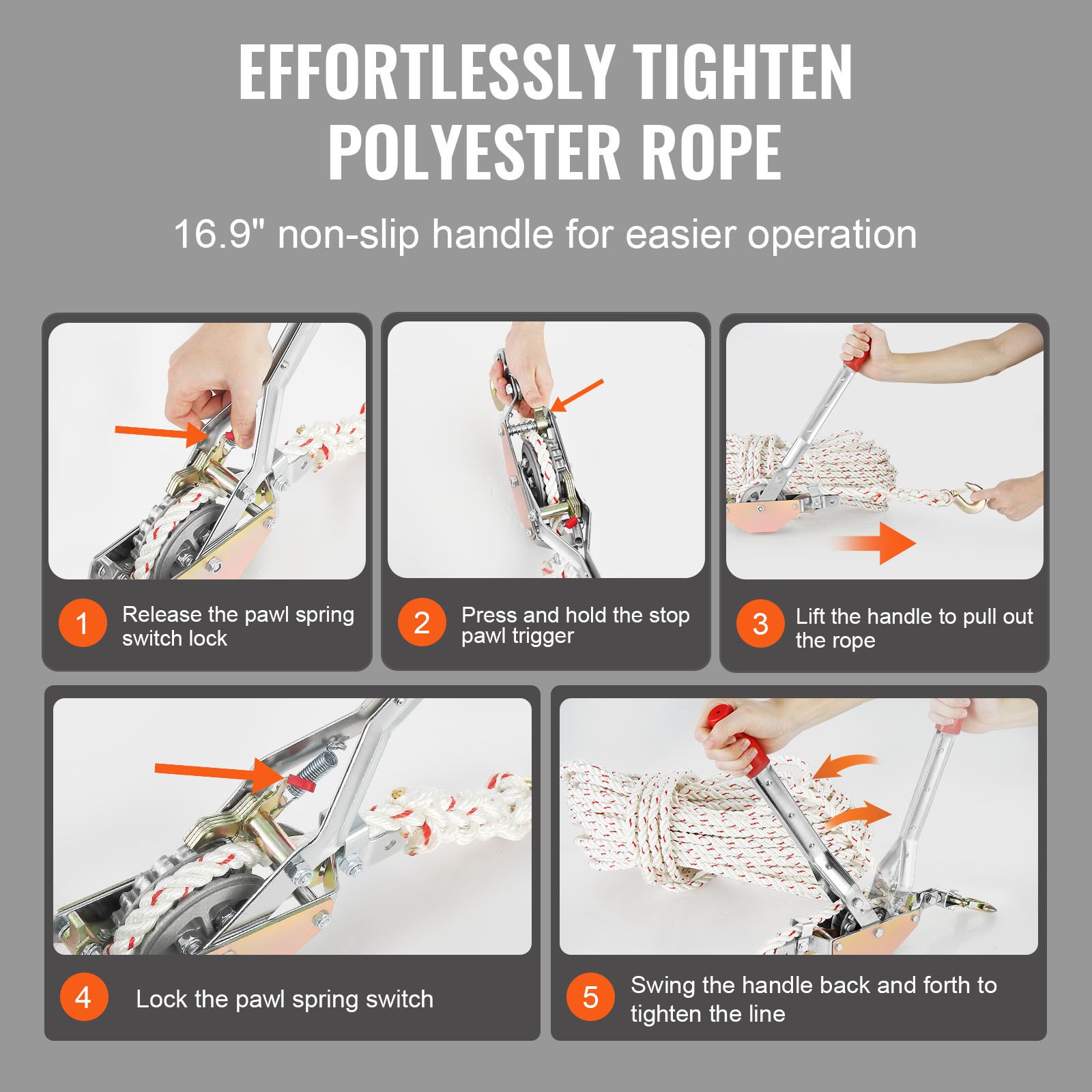 how to use the VEVOR rope puller to tighten polyester rope with a 16.9&quot; non-slip handle in five steps.