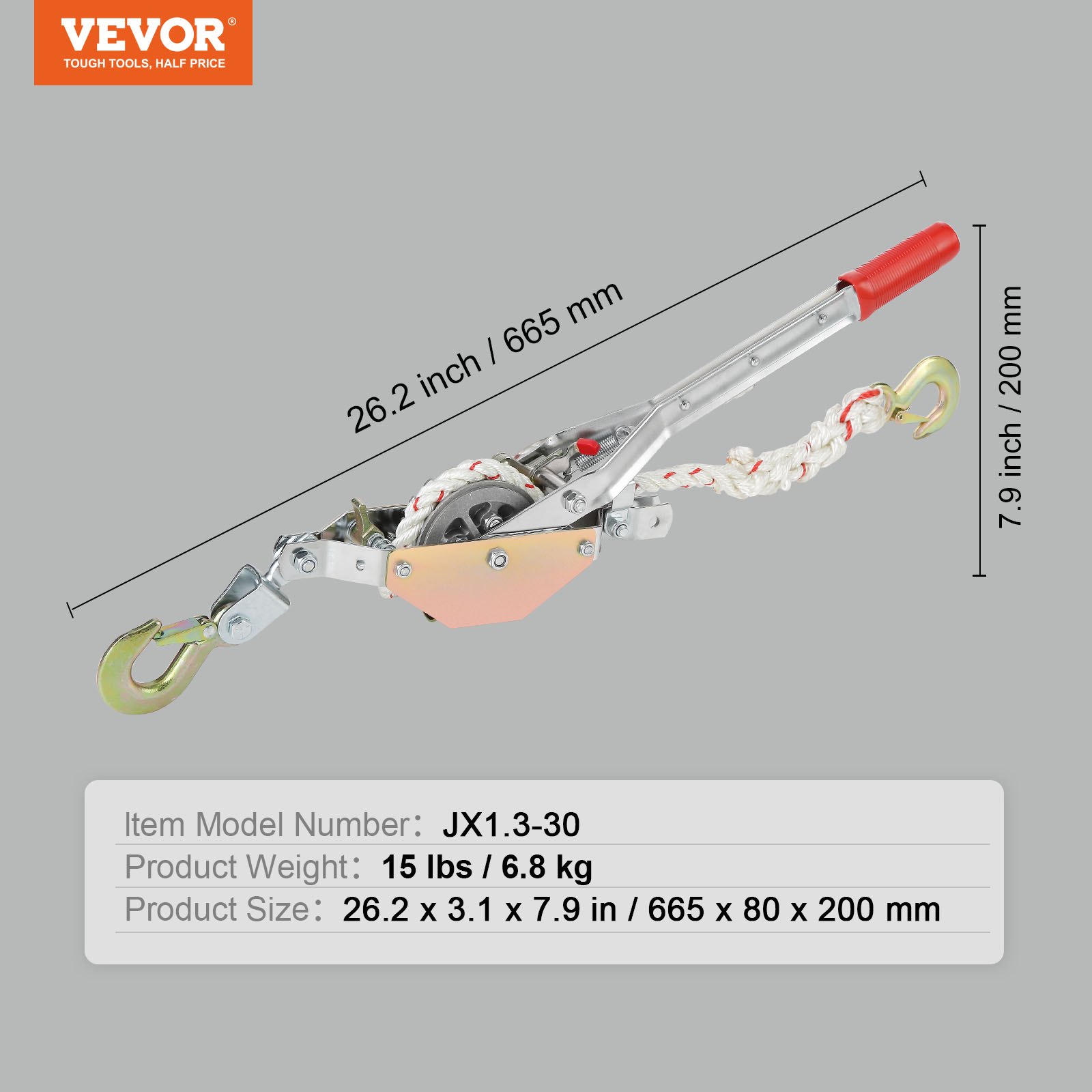 VEVOR rope puller with red handle, hooks, and measurements indicated on a gray background.
