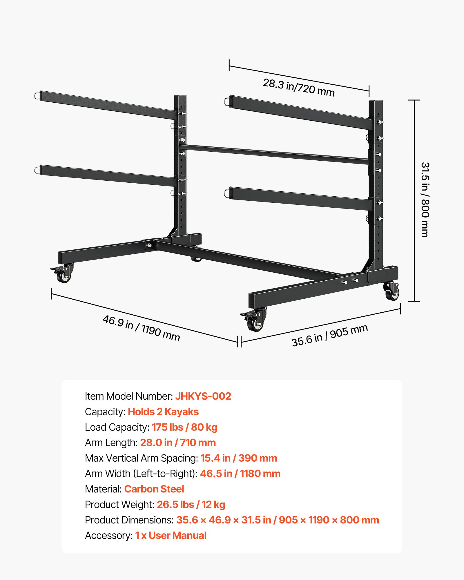 VEVOR Kayak Storage Rack for 2 Kayaks, Holds 80 kg, Heavy Duty Adjustable Freestanding Stand with Lockable Wheels for Indoor Outdoor Garage Shed Dock, Holder for Canoe, SUP, Surfboard & Paddleboard