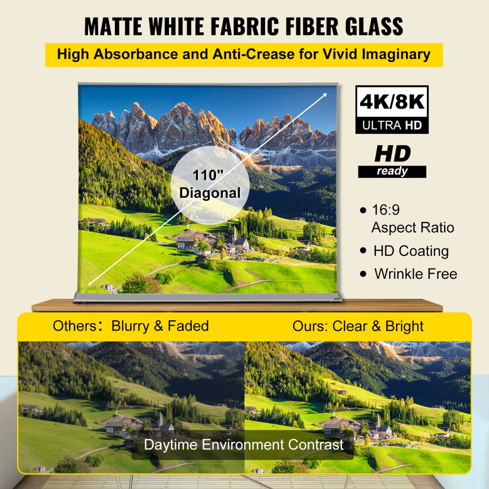 VEVOR Projector Screen, 110" 16:9 4K/8K Ultra HDR, Pull Up Projector Screen, Portable Floor-Rising Projection Screen, Indoor Outdoor Movie Screen w/ Storage Bag for Home Backyard Theater Office