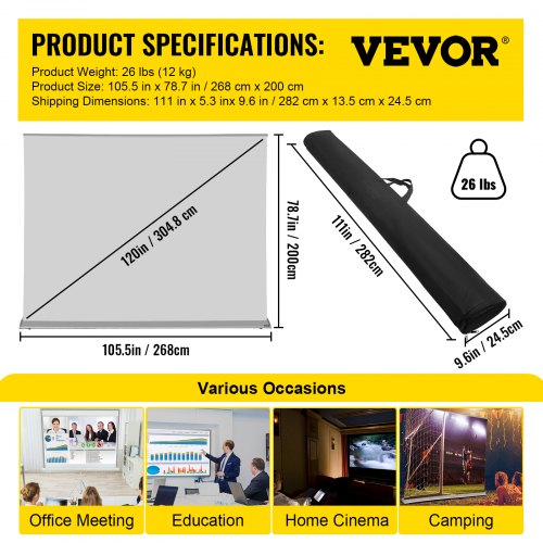 VEVOR Projector Screen, 120" 16:9, Manual Pull Up Projector Screen, Portable Floor-Rising Screen 4K/8K Ultra HDR, Indoor Outdoor Movie Screen w/ Storage Bag for Home Backyard Theater Office
