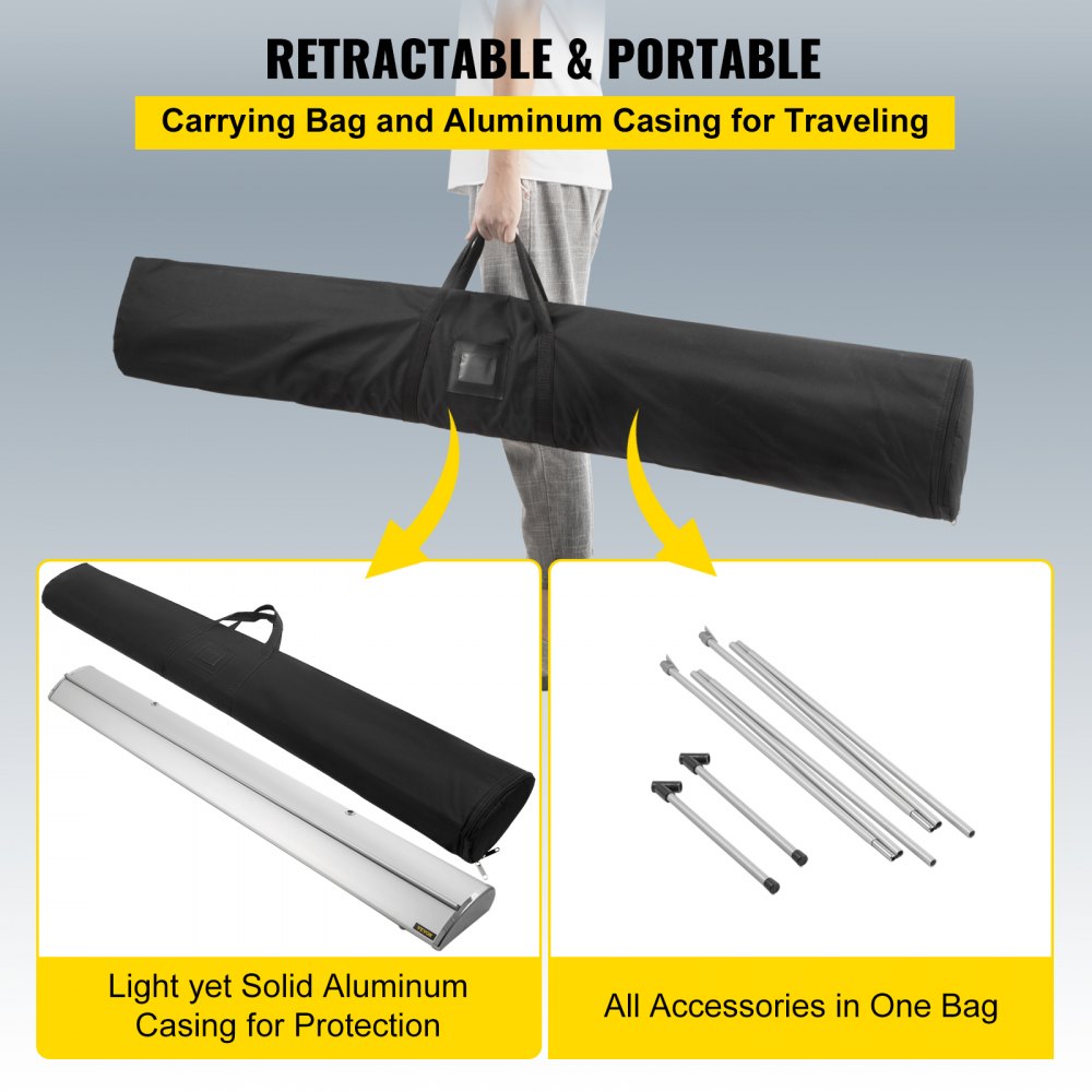 VEVOR projector screen with carrying bag, aluminum casing, and accessories.