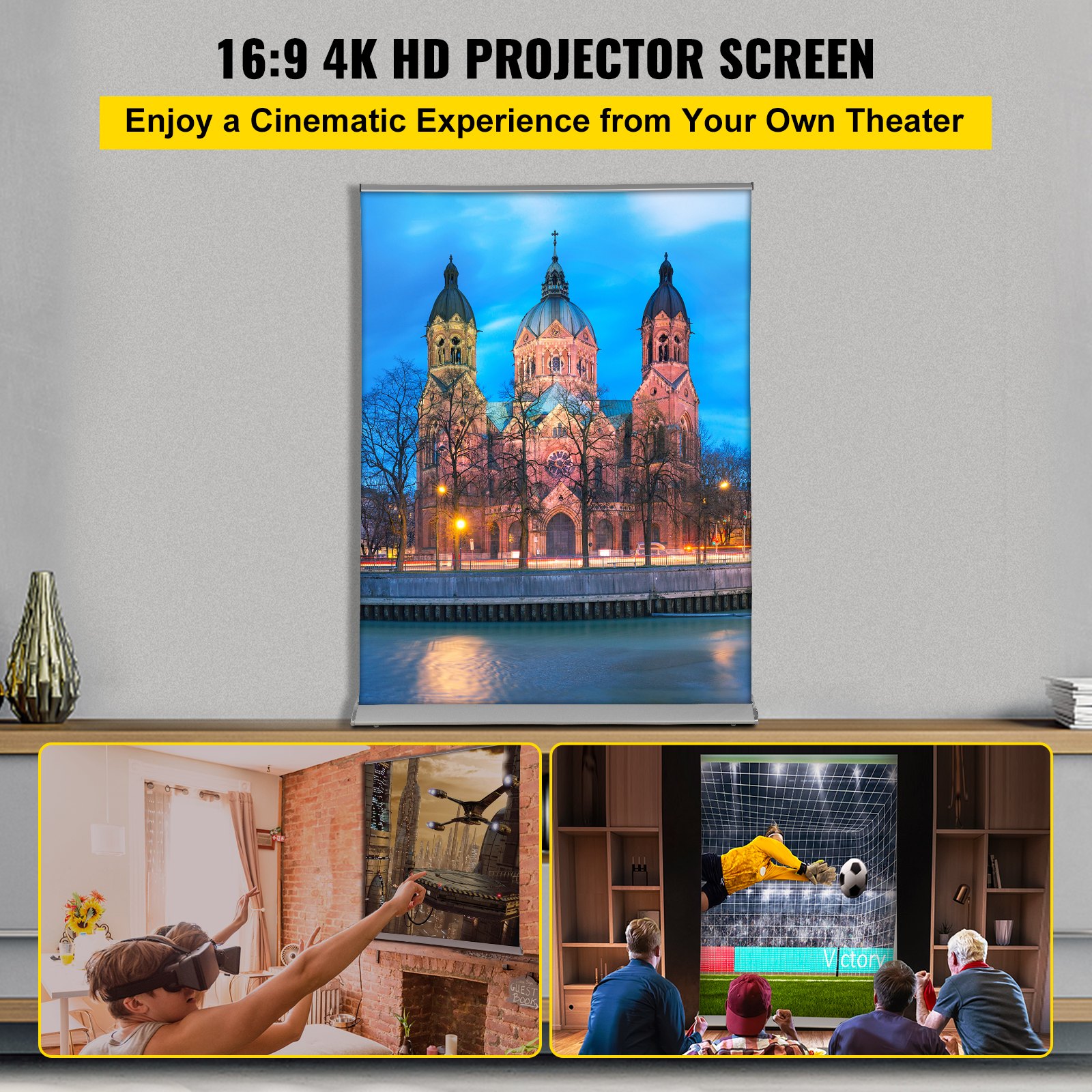 16:9 4k hd VEVOR projector screen for a cinematic home theater experience.