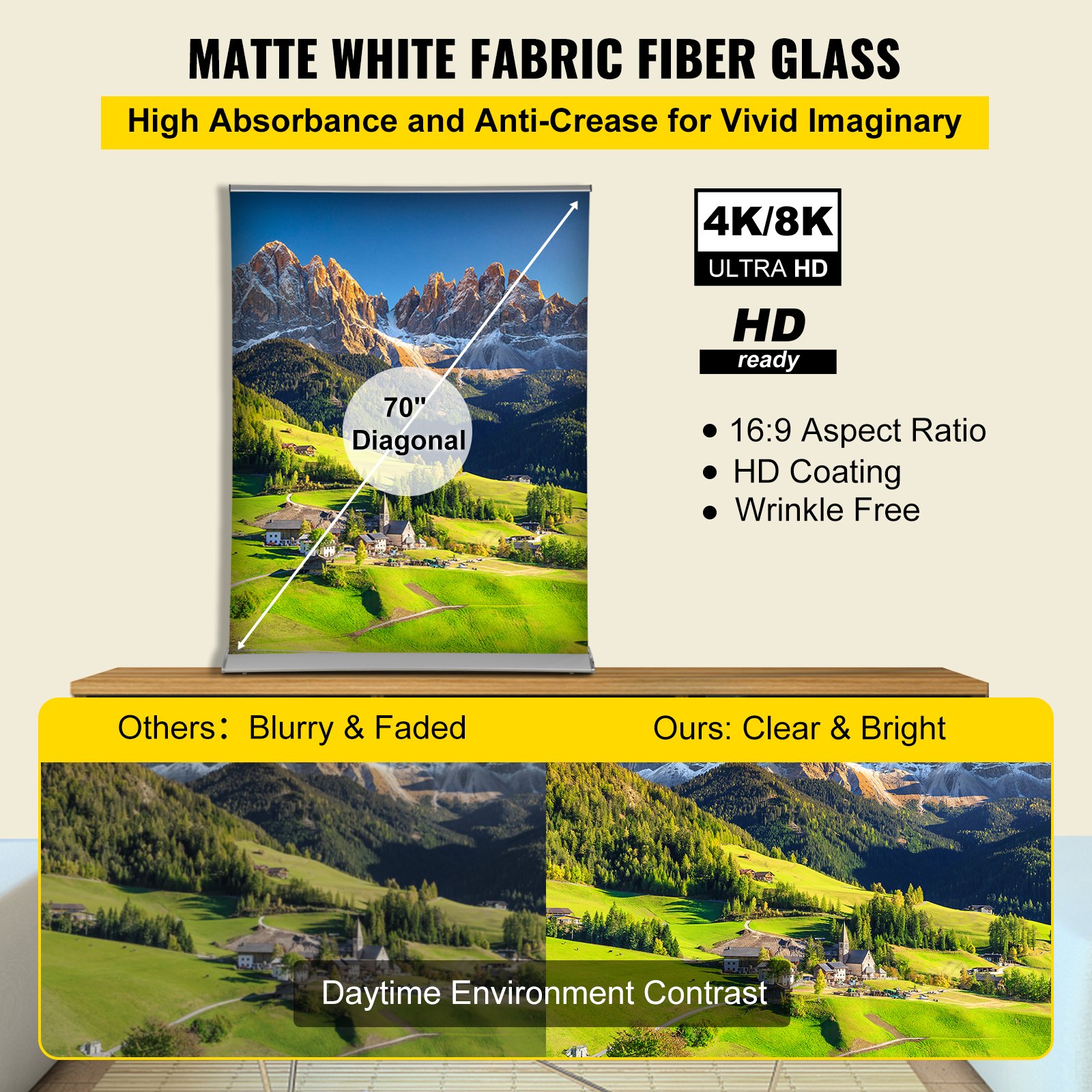 VEVOR projector screen, 70&quot; diagonal, 16:9 aspect ratio, clear &amp; bright contrast