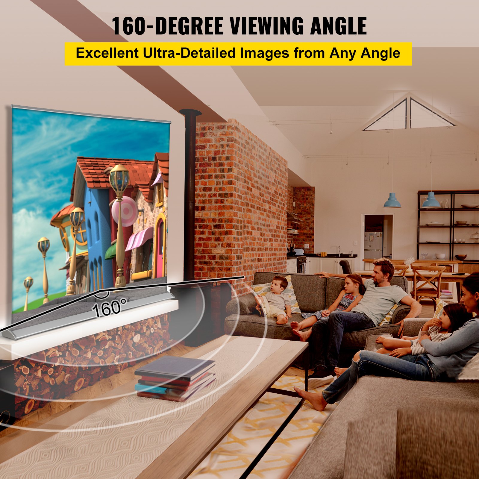 family watching VEVOR projector screen with 160-degree viewing angle in cozy living room.