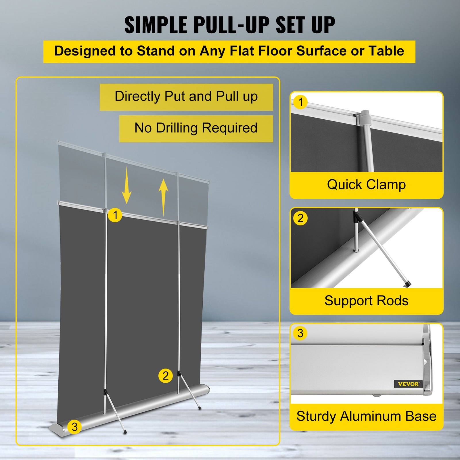 VEVOR projector screen pull-up setup guide with quick clamp, support rods, and aluminum base.