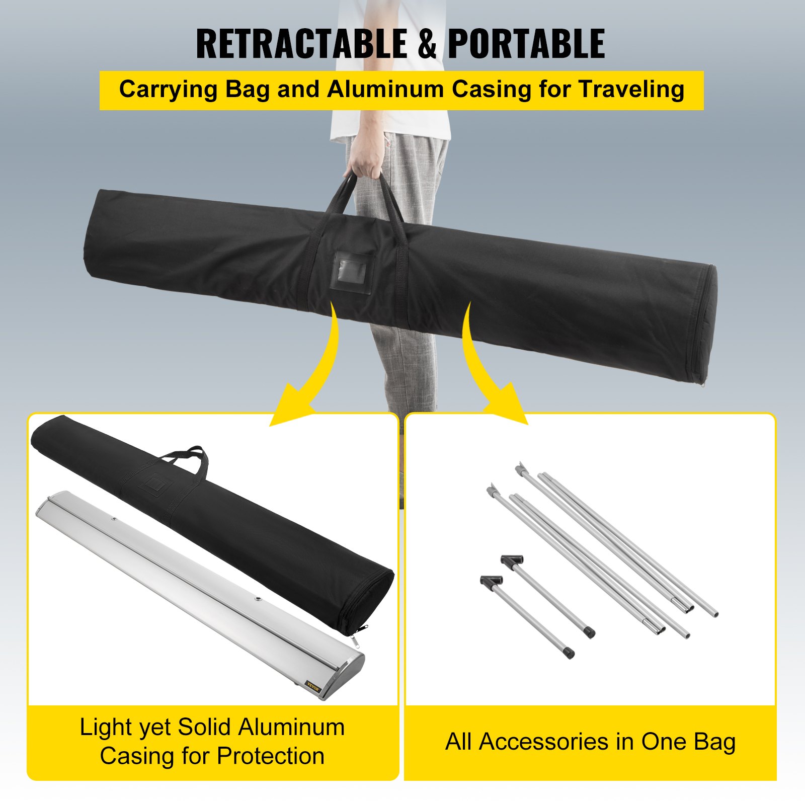 VEVOR projector screen with carrying bag, aluminum casing, and accessories.