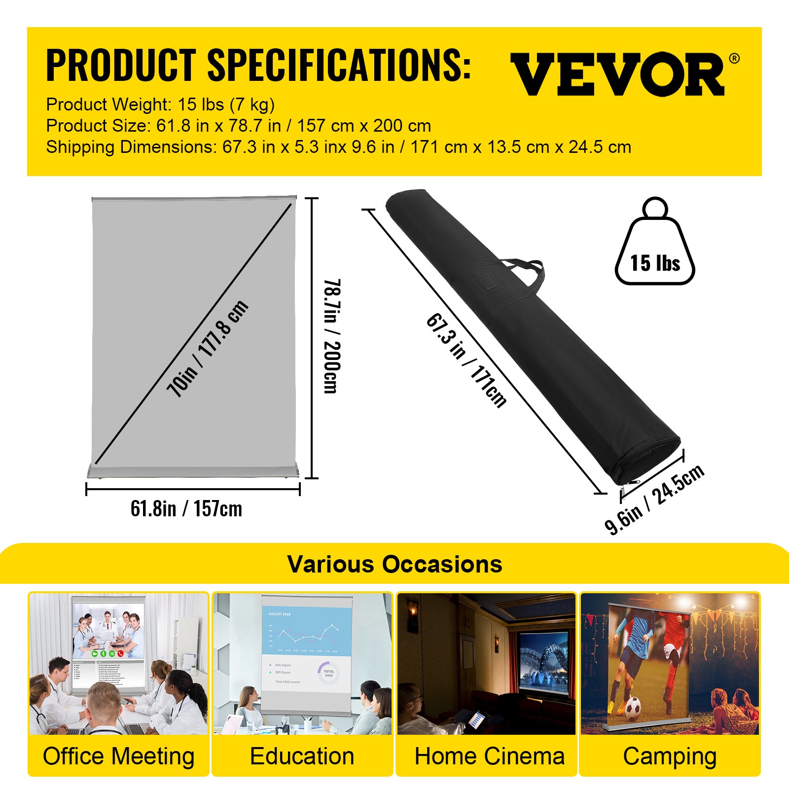 VEVOR projector screen with carrying case, perfect for office, education, cinema, and camping.