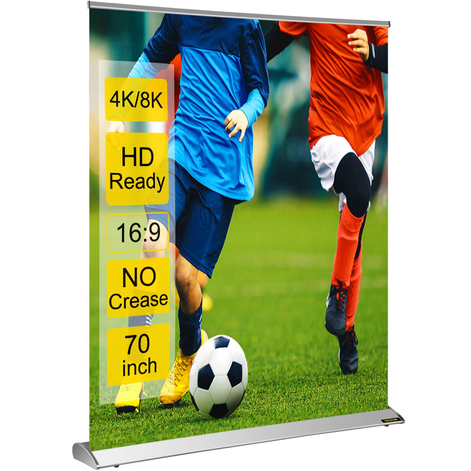 VEVOR projector screen displaying a soccer match, 70-inch with 4k/8k, hd ready, 16:9, no crease.