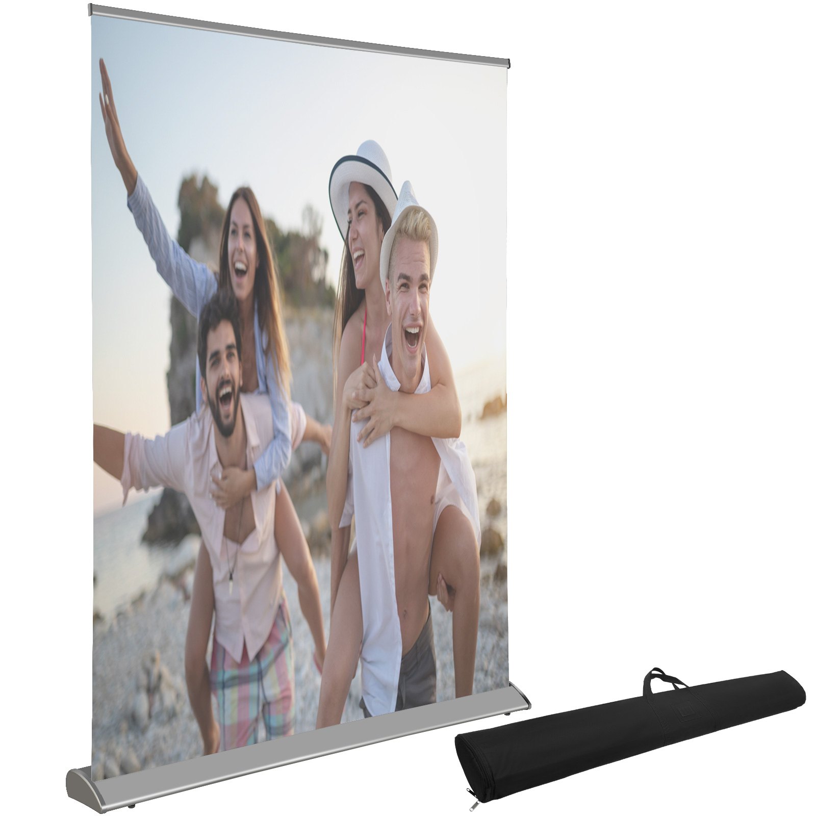 VEVOR projector screen displaying a beach scene, accompanied by a black carrying case.