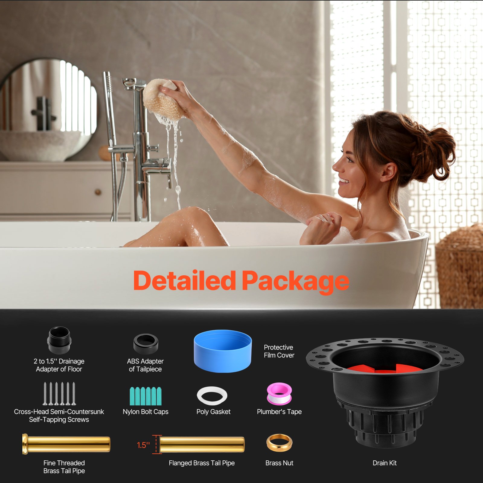 VEVOR ABS Freestanding Tub Drain Kit, 2 Brass Tail Pipes, Bathtub Drain Rough-in Kit, with ABS Adapter of Tailpiece, Compatible with Freestanding Bathtubs, Floor Mounted Bathtubs and Island Bathtubs