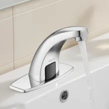 VEVOR Touchless Bathroom Sink Faucet, Automatic Motion Sensor Restroom Toilet Faucet Cold Water with Hole Cover Plate, Battery Operated for 14.3mm Pipe Commercial Lavatory,Chrome Plated Silver,G233M