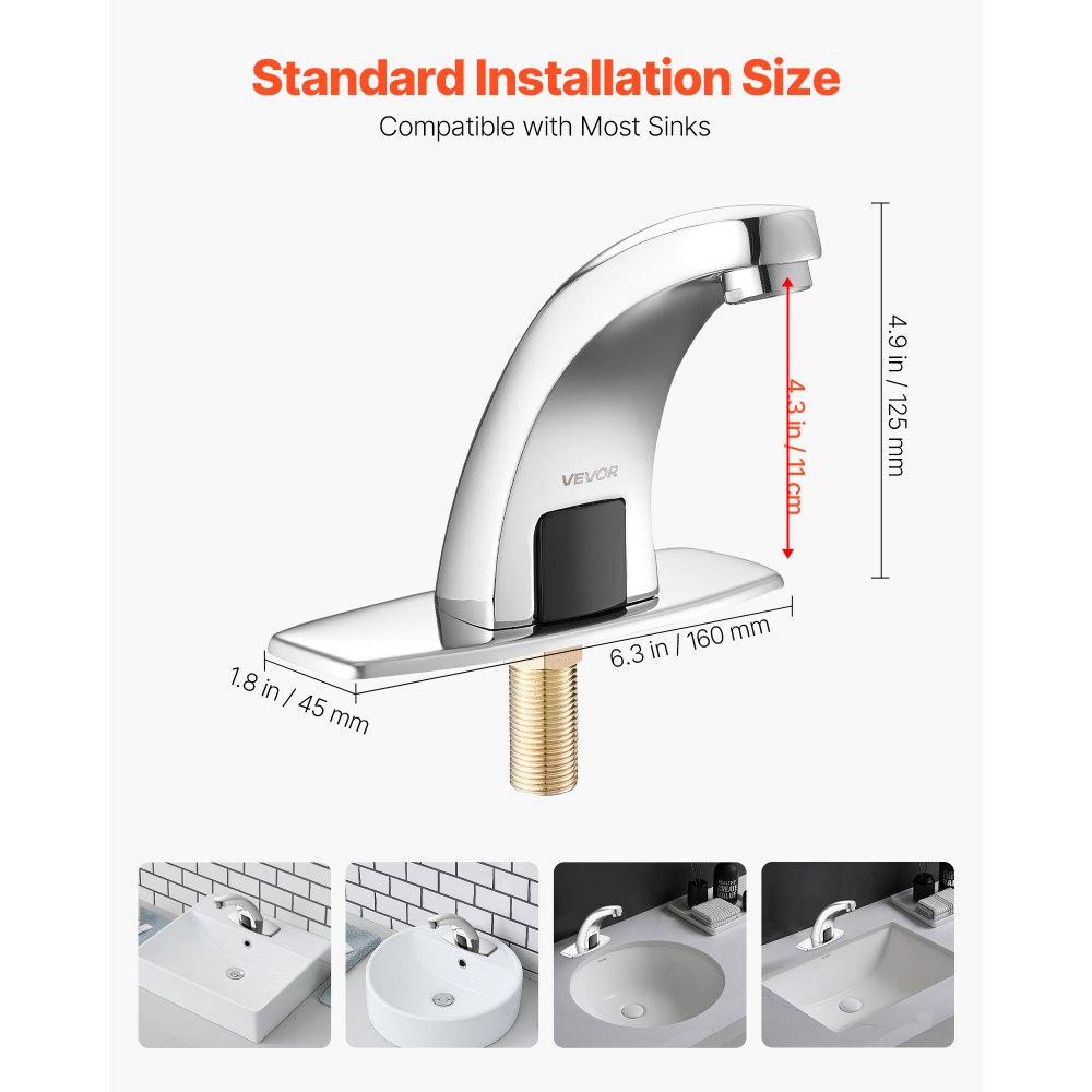 VEVOR Touchless Bathroom Sink Faucet, Automatic Motion Sensor Restroom Toilet Faucet Cold Water with Hole Cover Plate, Battery Operated for 9.5 mm Pipe Commercial Lavatory,Chrome Plated Silver,G233