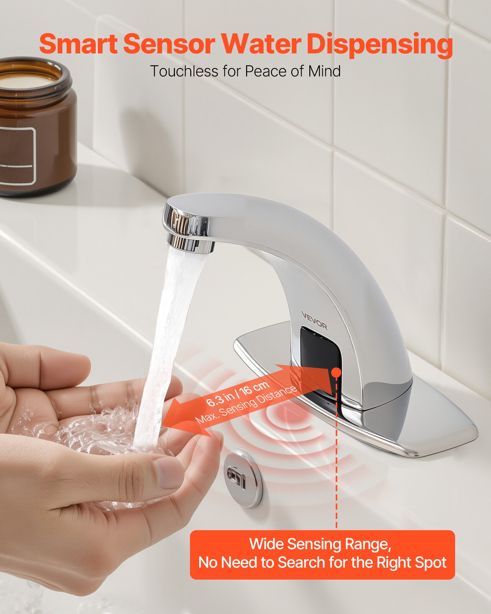 VEVOR Touchless Bathroom Sink Faucet, Automatic Motion Sensor Restroom Toilet Faucet Cold Water with Hole Cover Plate, Battery Operated for 9.5 mm Pipe Commercial Lavatory,Chrome Plated Silver,G233