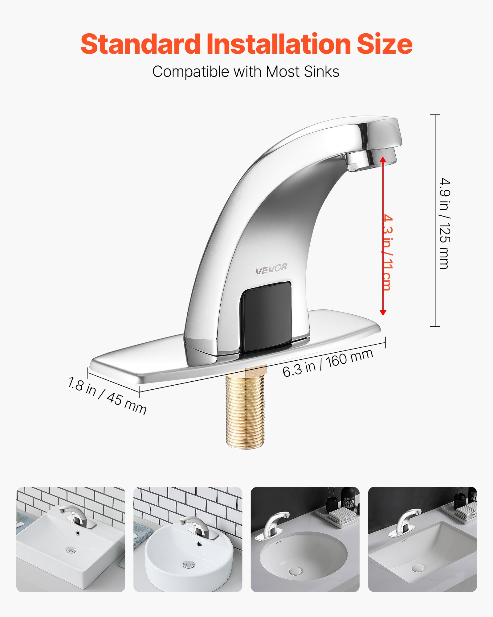VEVOR Touchless Bathroom Sink Faucet, Automatic Motion Sensor Restroom Toilet Faucet Cold Water with Hole Cover Plate, Battery Operated for 9.5 mm Pipe Commercial Lavatory,Chrome Plated Silver,G233