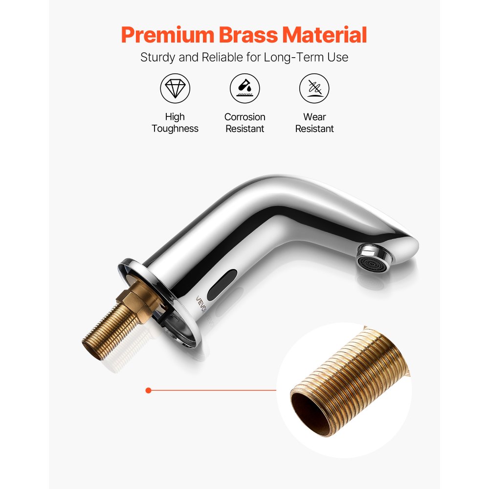 VEVOR Touchless Bathroom Sink Faucet, Automatic Motion Sensor Restroom Toilet Faucet Cold Water with Hole Cover Plate, Battery Operated for 14.3mm Pipe Commercial Lavatory,Chrome Plated Silver G112M