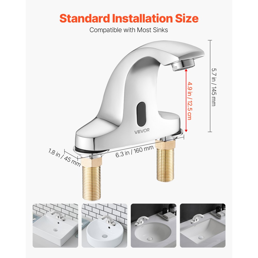 VEVOR Touchless Bathroom Sink Faucet, Automatic Motion Sensor Restroom Toilet Faucet Cold Water with Hole Cover Plate, Battery Operated for 14.3mm Pipe Commercial Lavatory,Chrome Plated Silver