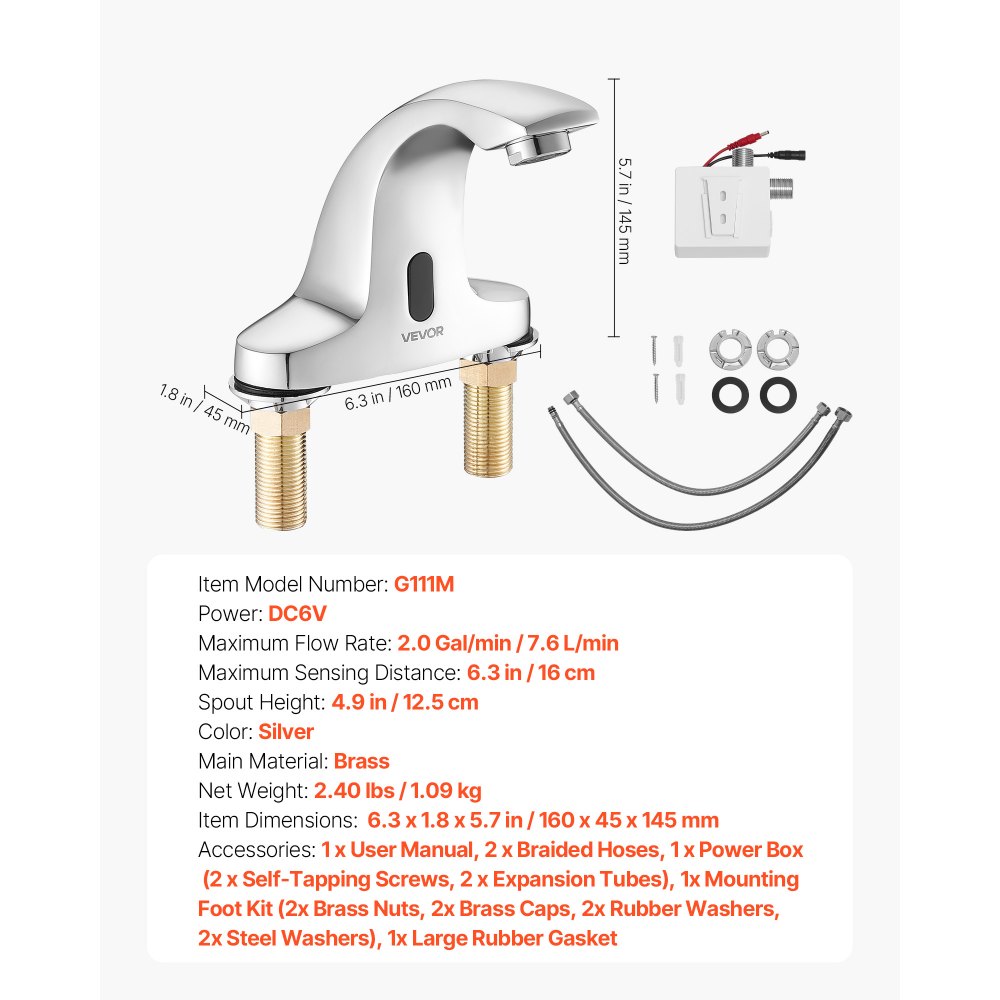 VEVOR Touchless Bathroom Sink Faucet, Automatic Motion Sensor Restroom Toilet Faucet Cold Water with Hole Cover Plate, Battery Operated for 14.3mm Pipe Commercial Lavatory,Chrome Plated Silver