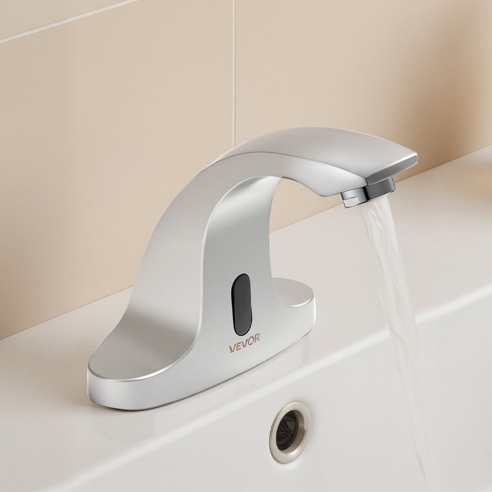 VEVOR Touchless Bathroom Sink Faucet, Automatic Motion Sensor Restroom Toilet Faucet Cold Water with Hole Cover Plate, Battery Operated for 14.3mm Pipe Commercial Lavatory,Chrome Plated Silver
