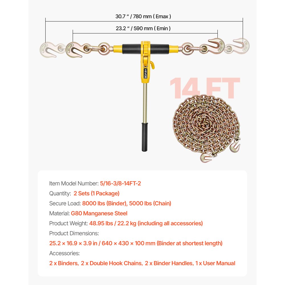 VEVOR Ratchet Chain Binder, 8 mm x 4.3 m G80 Chains, 3629 kg Working Load of Ratchet Load Binder, Chains and Binders Set, Tie Down Hauling Chain Binders for Hauling, Towing, Logging (2 Sets)