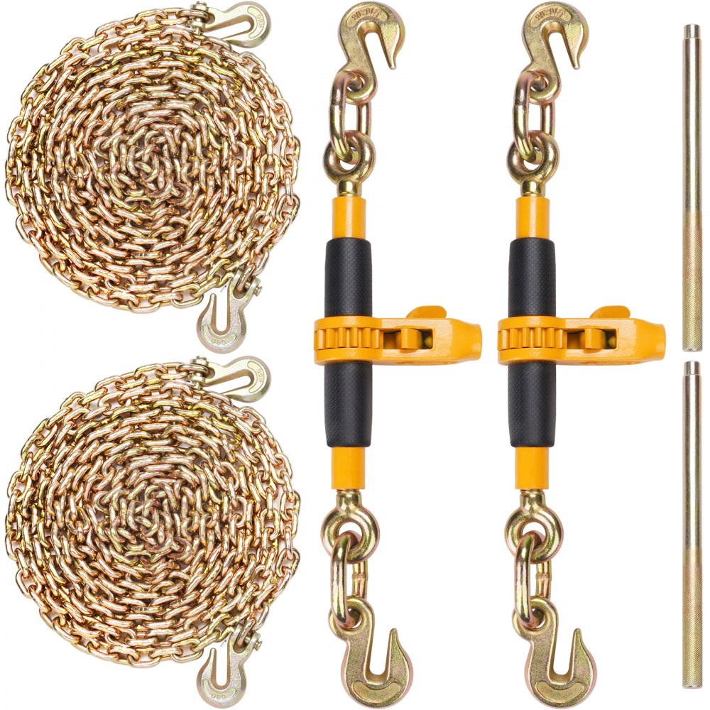 VEVOR ratchet chain binder set with two coiled chains, ratchet binders, and metal rods.