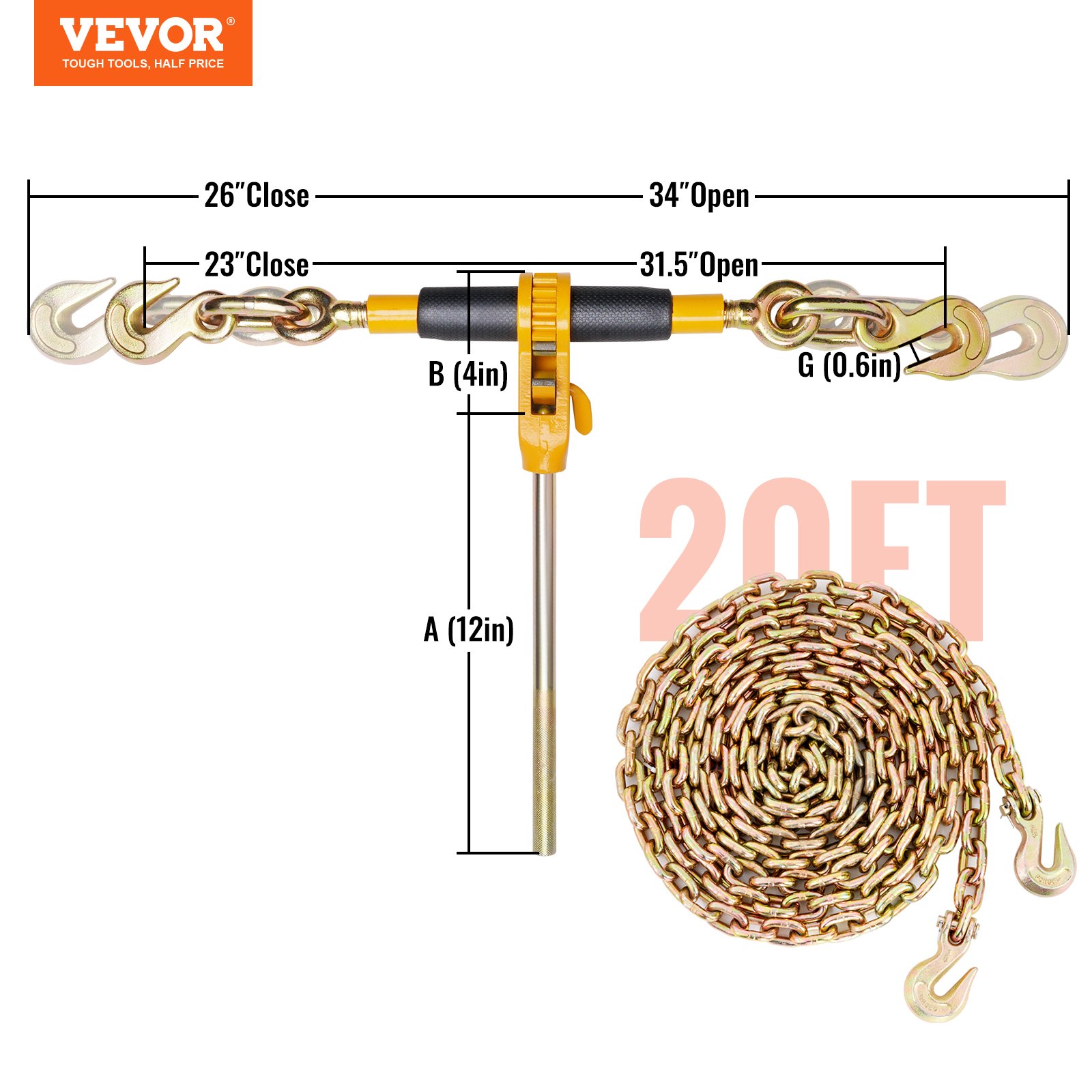 VEVOR Ratchet Chain Binder, 0.9 - 1.27 cm Heavy Duty Load Binders, with G80 Chains 5443kg Secure Load Limit, Labor-saving Anti-skid Handle, Tie Down Hauling Chain Binders for Flatbed Truck Trailer, 4 PCS