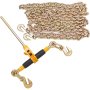 heavy-duty VEVOR ratchet chain binder with a long chain and hooks for securing cargo.