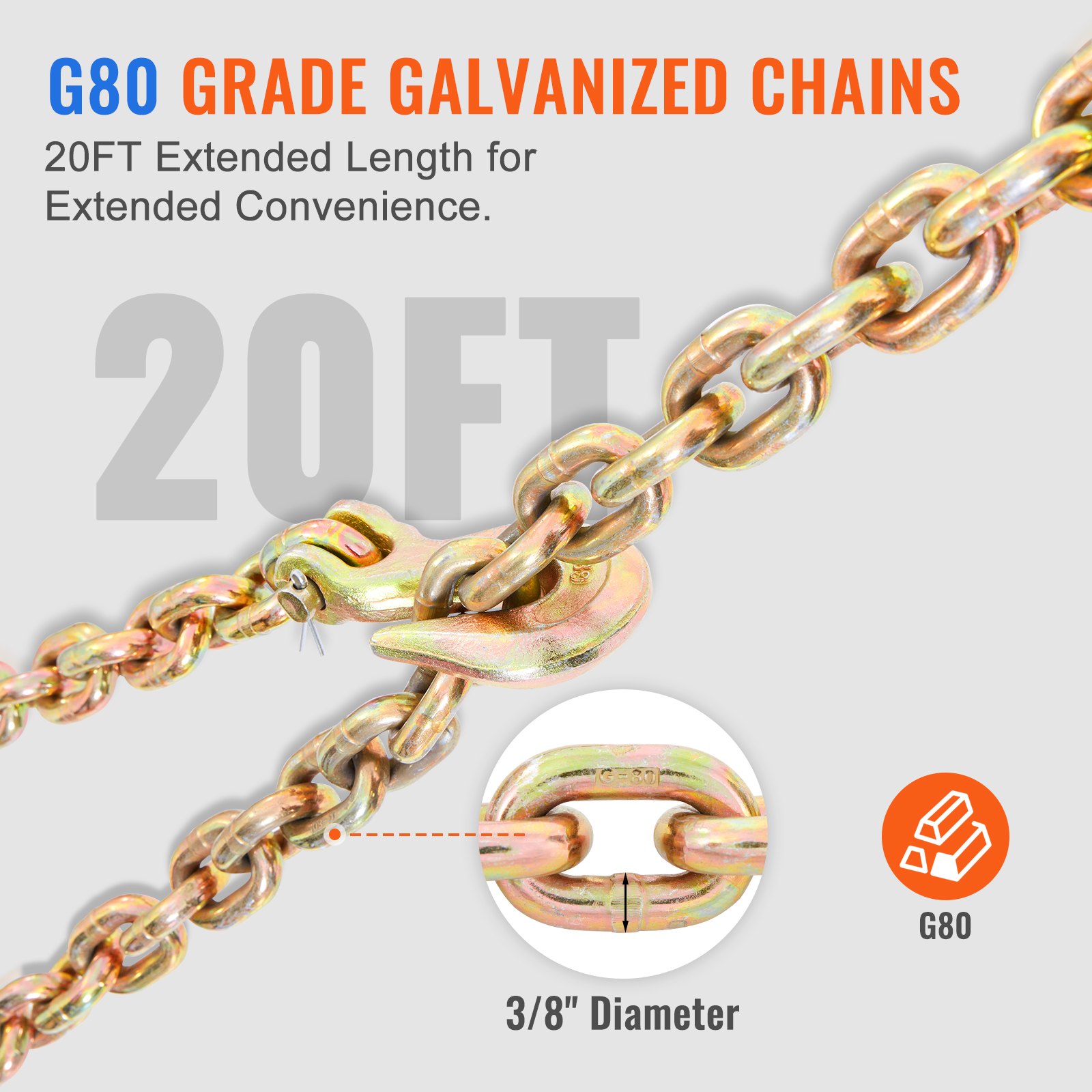 g80 grade galvanized chains, 20ft length, 3/8&quot; diameter with a hook, ideal for VEVOR ratchet chain binder.
