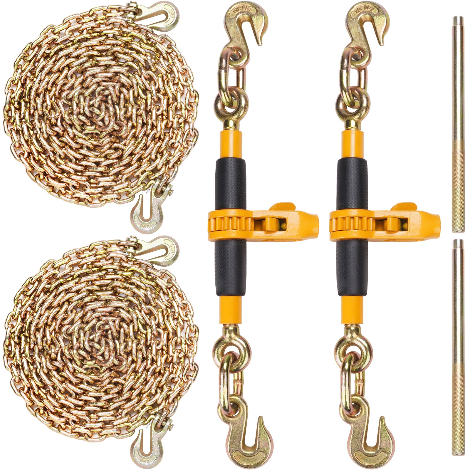 VEVOR ratchet chain binder set with two rolled chains, binders, and hooks on a white background.