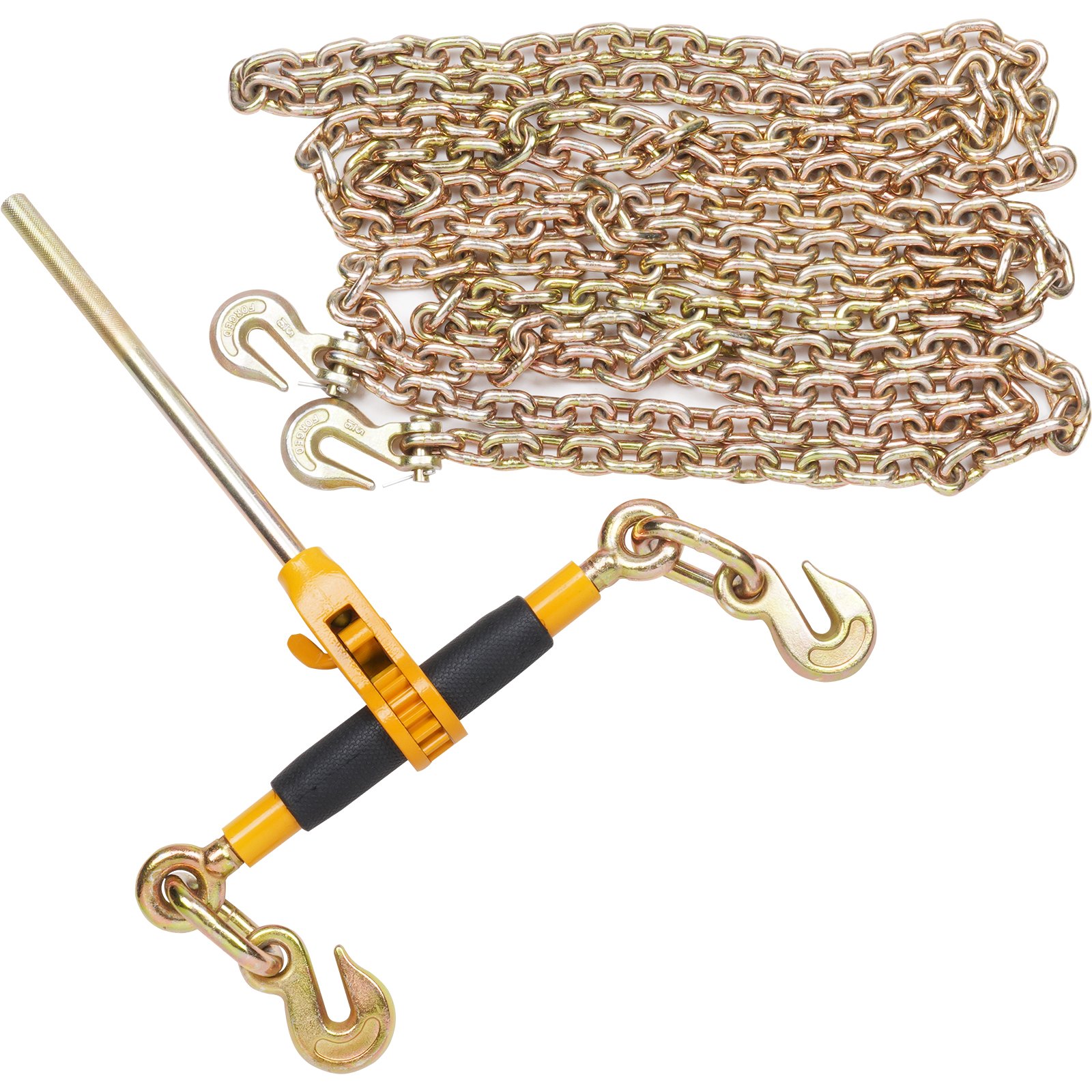 heavy-duty VEVOR ratchet chain binder with a long chain and hooks for securing cargo.