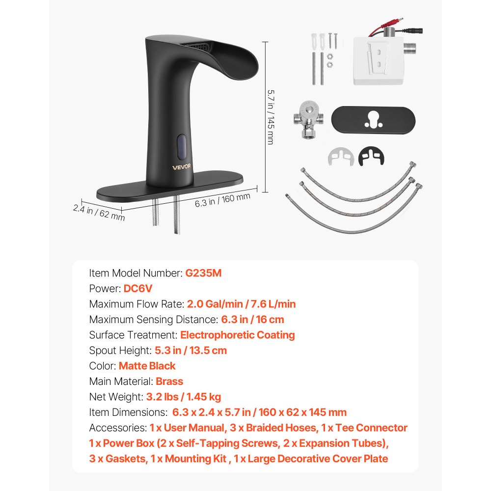 VEVOR Touchless Bathroom Sink Faucet, Automatic Motion Sensor Waterfall Restroom Toilet Faucet with Hole Cover Plate, Modern Electronic Sensor Hot/Cold Water for 14.3mm Pipe Commercial,Matte Black