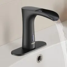 VEVOR Touchless Bathroom Sink Faucet, Automatic Motion Sensor Waterfall Restroom Toilet Faucet with Hole Cover Plate, Modern Electronic Sensor Hot/Cold Water for 9/16 in Pipe Commercial,Matte Black