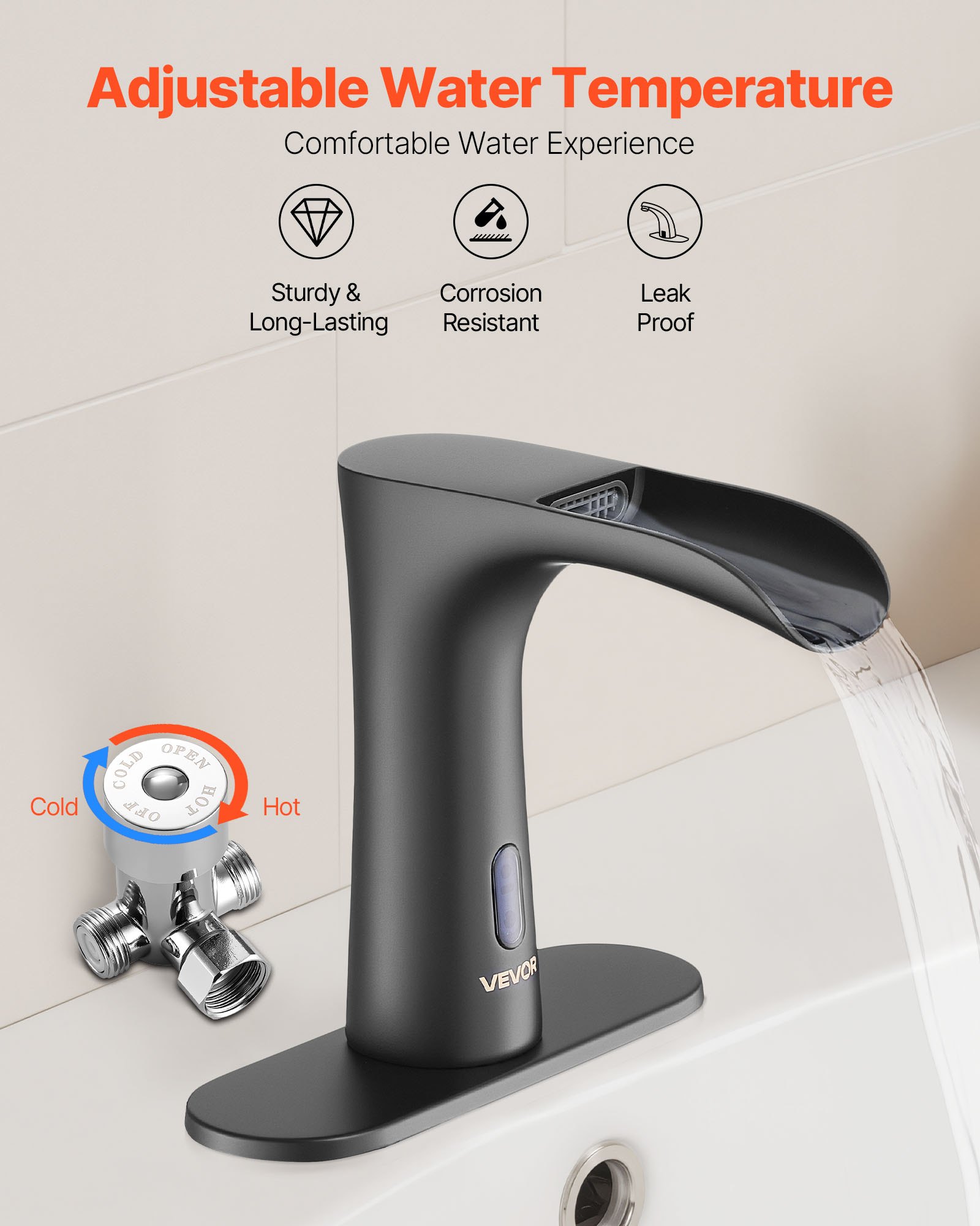 VEVOR Touchless Bathroom Sink Faucet, Automatic Motion Sensor Waterfall Restroom Toilet Faucet with Hole Cover Plate, Modern Electronic Sensor Hot/Cold Water for 14.3mm Pipe Commercial,Matte Black