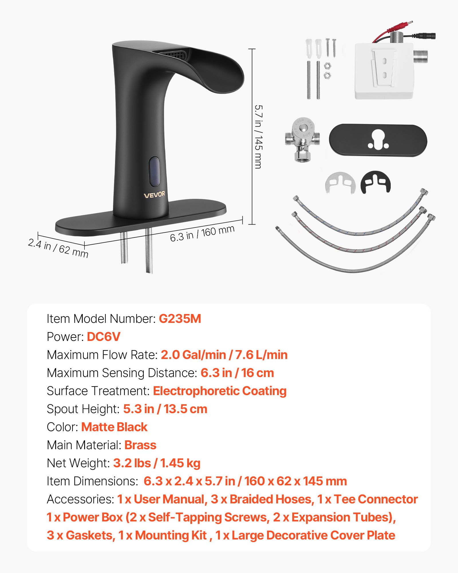 VEVOR Touchless Bathroom Sink Faucet, Automatic Motion Sensor Waterfall Restroom Toilet Faucet with Hole Cover Plate, Modern Electronic Sensor Hot/Cold Water for 14.3mm Pipe Commercial,Matte Black