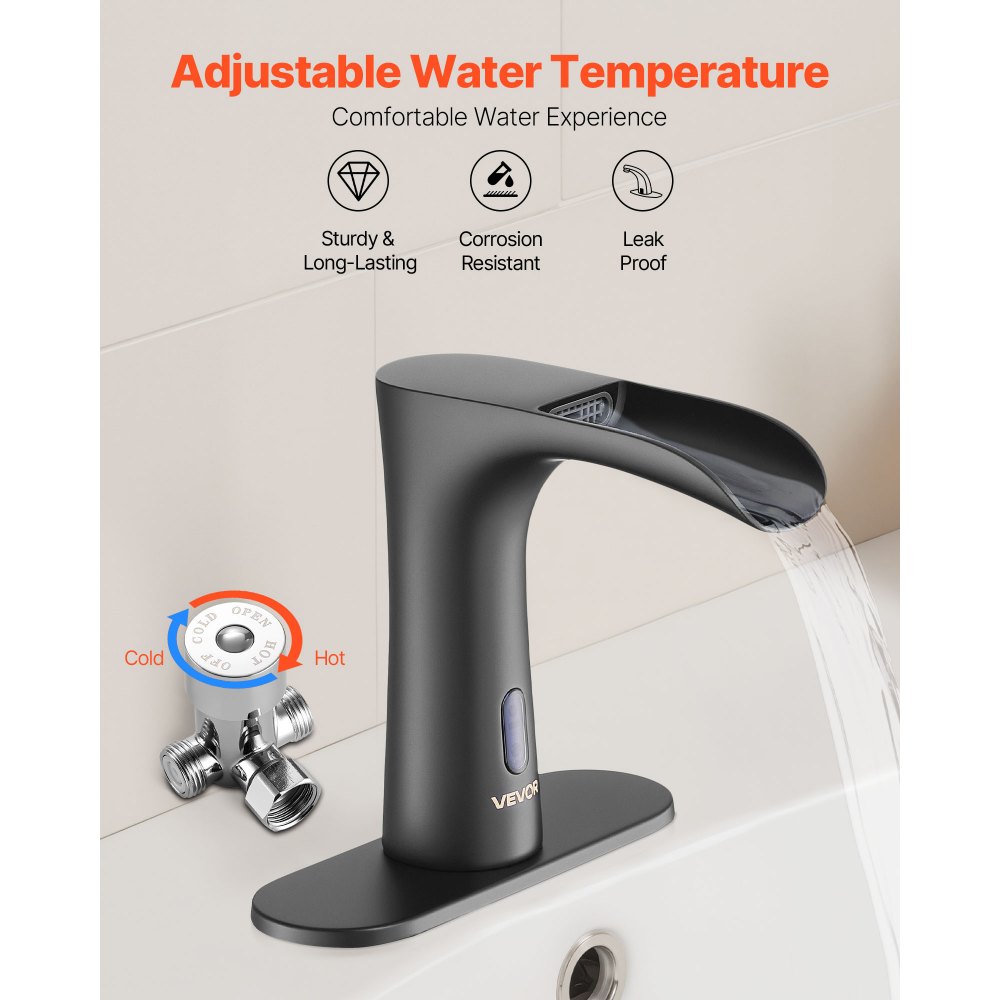 VEVOR Touchless Bathroom Sink Faucet, Automatic Motion Sensor Waterfall Restroom Toilet Faucet with Hole Cover Plate, Modern Electronic Sensor Hot/Cold Water for 9.5 mm Pipe Commercial,Matte Black