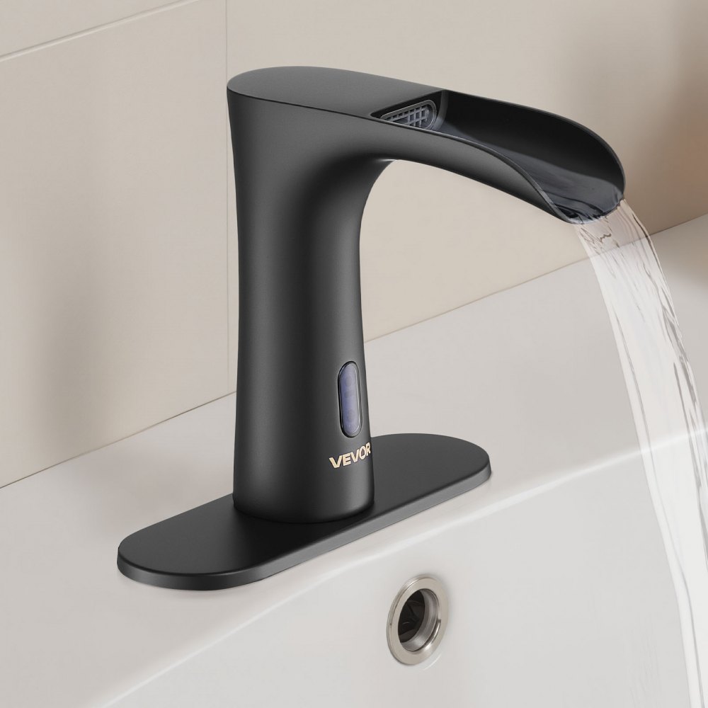 VEVOR Touchless Bathroom Sink Faucet, Automatic Motion Sensor Waterfall Restroom Toilet Faucet with Hole Cover Plate, Modern Electronic Sensor Hot/Cold Water for 9.5 mm Pipe Commercial,Matte Black