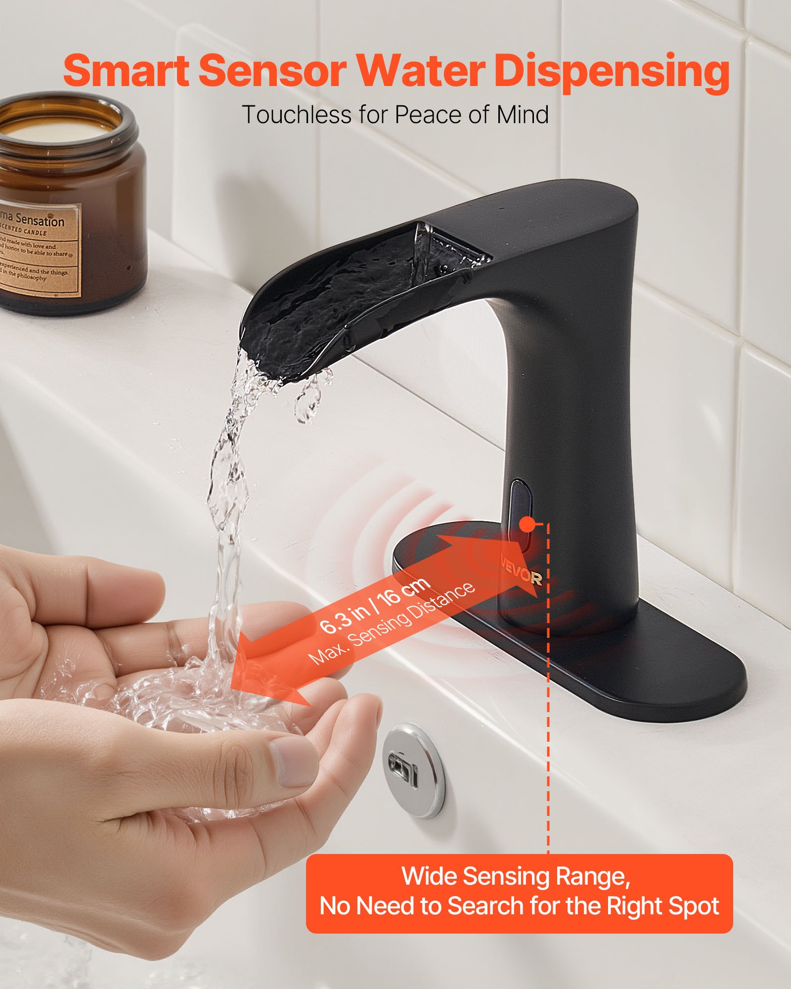 VEVOR Touchless Bathroom Sink Faucet, Automatic Motion Sensor Waterfall Restroom Toilet Faucet with Hole Cover Plate, Modern Electronic Sensor Hot/Cold Water for 9.5 mm Pipe Commercial,Matte Black