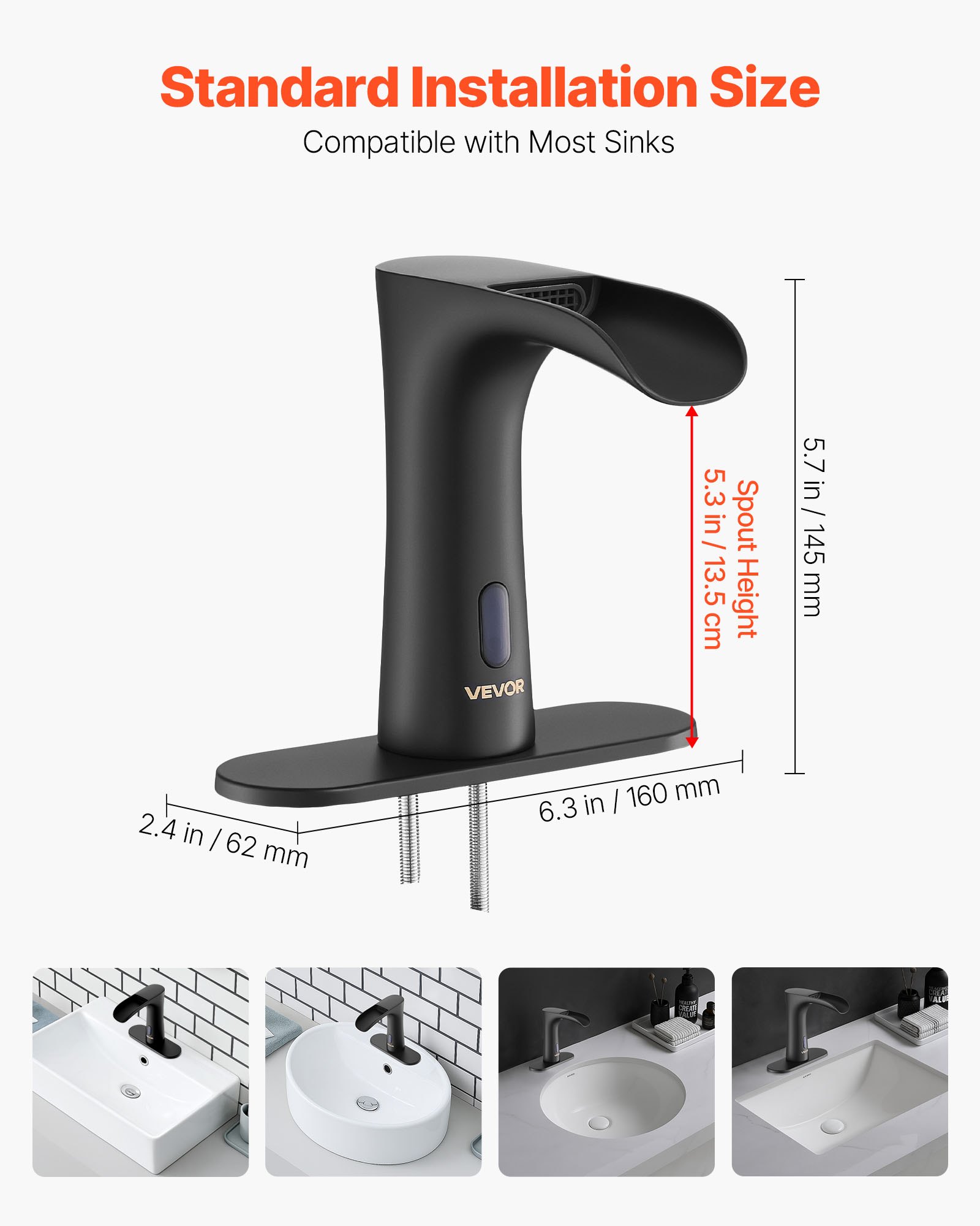 VEVOR Touchless Bathroom Sink Faucet, Automatic Motion Sensor Waterfall Restroom Toilet Faucet with Hole Cover Plate, Modern Electronic Sensor Hot/Cold Water for 9.5 mm Pipe Commercial,Matte Black