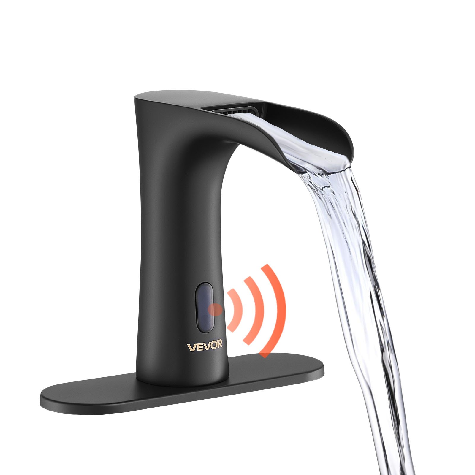 VEVOR Touchless Bathroom Sink Faucet, Automatic Motion Sensor Waterfall Restroom Toilet Faucet with Hole Cover Plate, Modern Electronic Sensor Hot/Cold Water for 9.5 mm Pipe Commercial,Matte Black