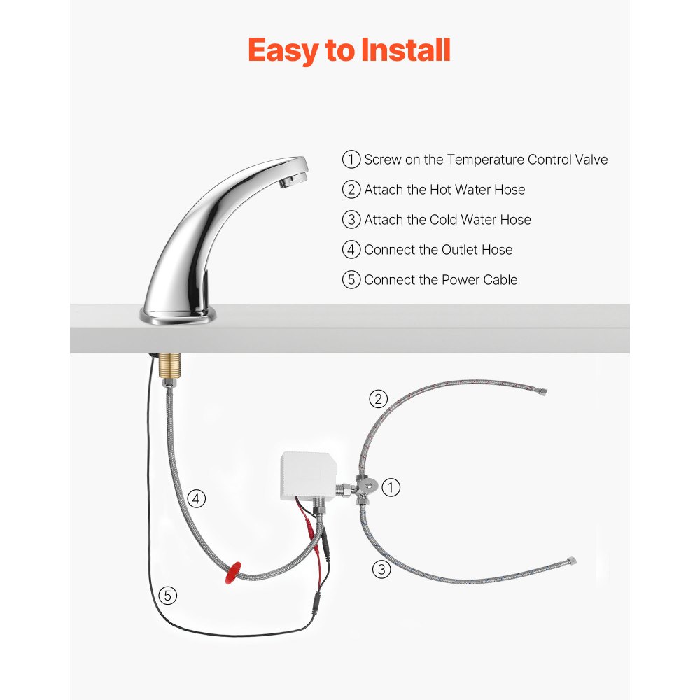 VEVOR Touchless Bathroom Sink Faucet, Automatic Motion Sensor Restroom Toilet Faucet with Hole Cover Plate, Battery Operated,Hot/Cold Water for 14.3mm Pipe Commercial Lavatory,Chrome Plated Silver