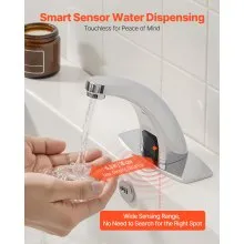 VEVOR Touchless Bathroom Sink Faucet, Automatic Motion Sensor Restroom Toilet Faucet with Hole Cover Plate, Battery Operated,Hot/Cold Water for 14.3mm Pipe Commercial Lavatory,Chrome Plated Silver