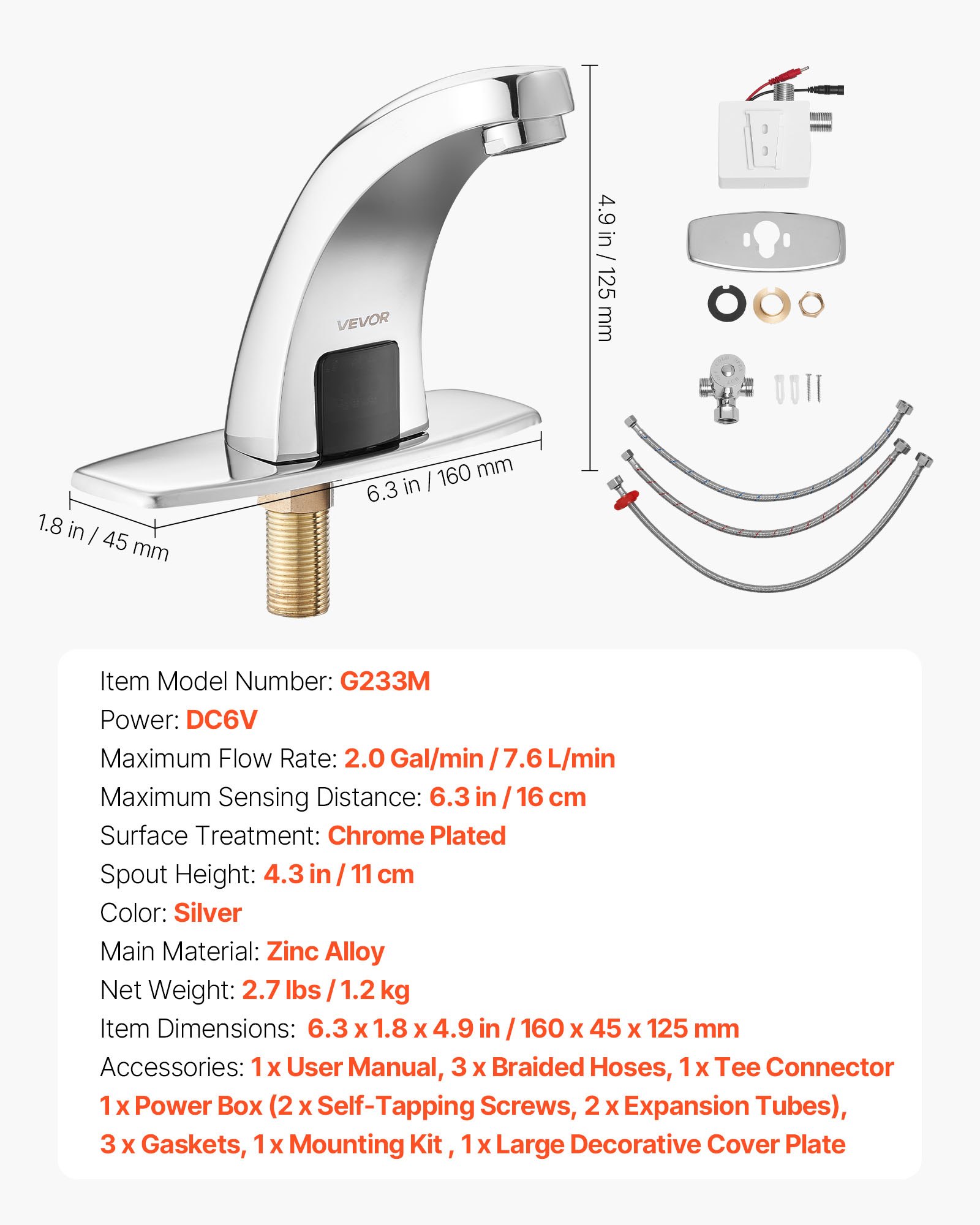 VEVOR Touchless Bathroom Sink Faucet, Automatic Motion Sensor Restroom Toilet Faucet with Hole Cover Plate, Battery Operated,Hot/Cold Water for 14.3mm Pipe Commercial Lavatory,Chrome Plated Silver