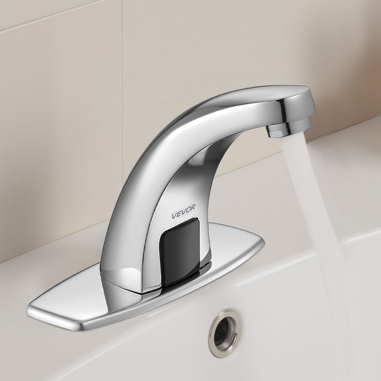 VEVOR Touchless Bathroom Sink Faucet, Automatic Motion Sensor Restroom Toilet Faucet with Hole Cover Plate, Battery Operated,Hot/Cold Water for 14.3mm Pipe Commercial Lavatory,Chrome Plated Silver
