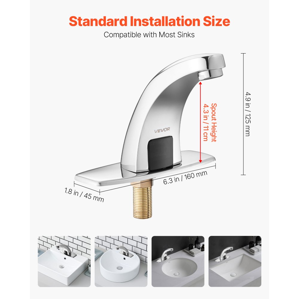 VEVOR Touchless Bathroom Sink Faucet, Automatic Motion Sensor Restroom Toilet Faucet with Hole Cover Plate, Battery Operated,Hot/Cold Water for 9.5 mm Pipe Commercial Lavatory,Chrome Plated Silver