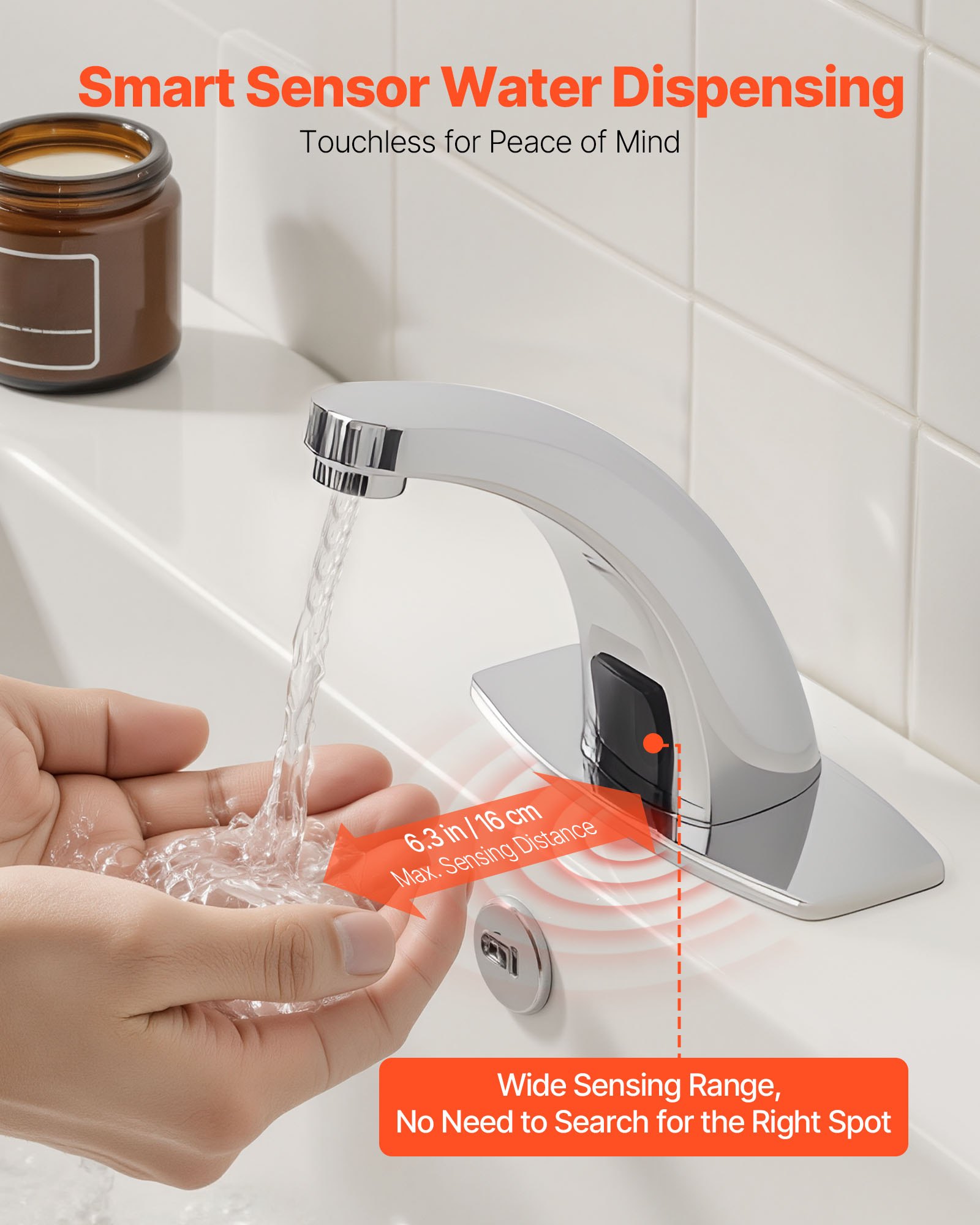 VEVOR Touchless Bathroom Sink Faucet, Automatic Motion Sensor Restroom Toilet Faucet with Hole Cover Plate, Battery Operated,Hot/Cold Water for 9.5 mm Pipe Commercial Lavatory,Chrome Plated Silver